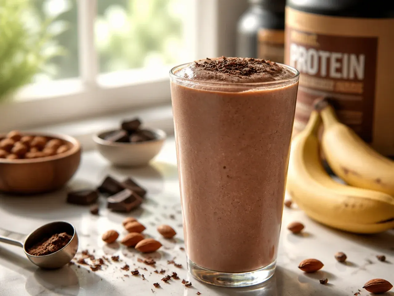 Large jug of family-size protein smoothie being poured into four glasses
