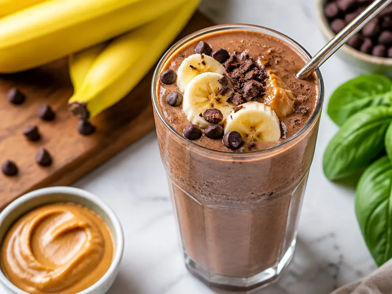 Rich chocolate peanut butter banana protein smoothie in a glass with a chocolate drizzle and banana slice