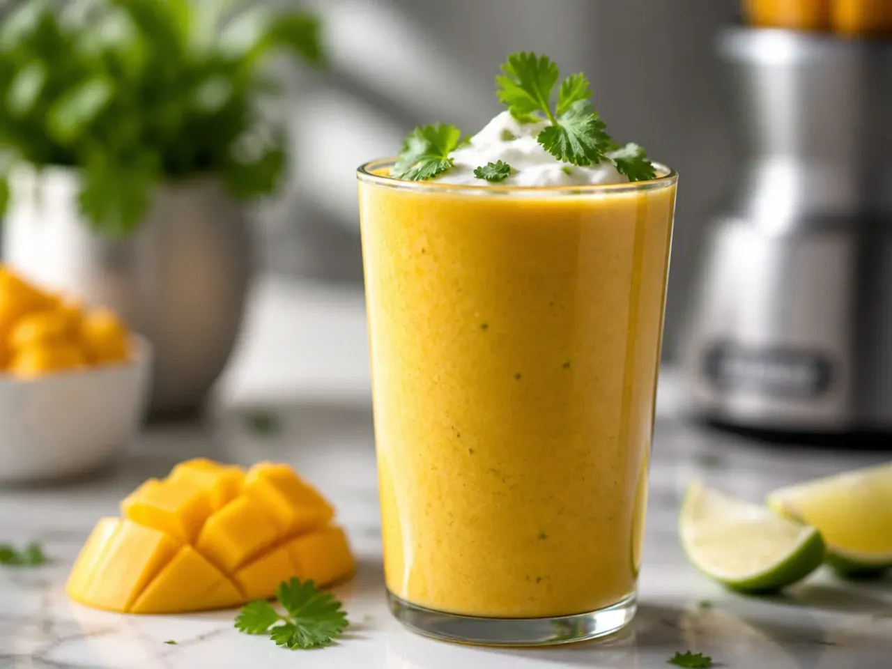Quick mango protein smoothie in a single glass garnished with a fresh mint leaf