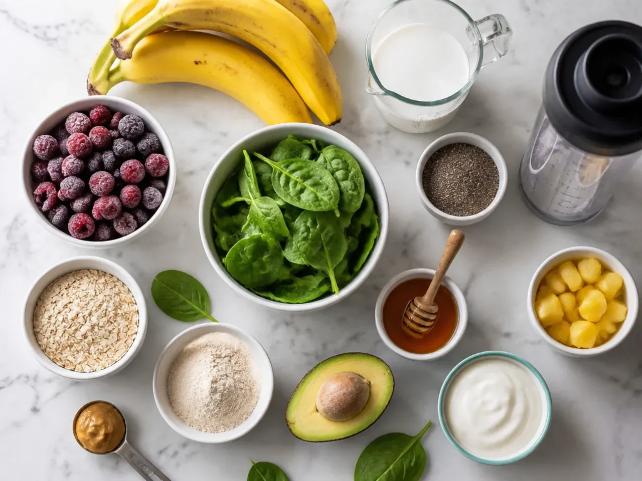 Close-up of protein powder being measured into a blender jug with frozen banana pieces
