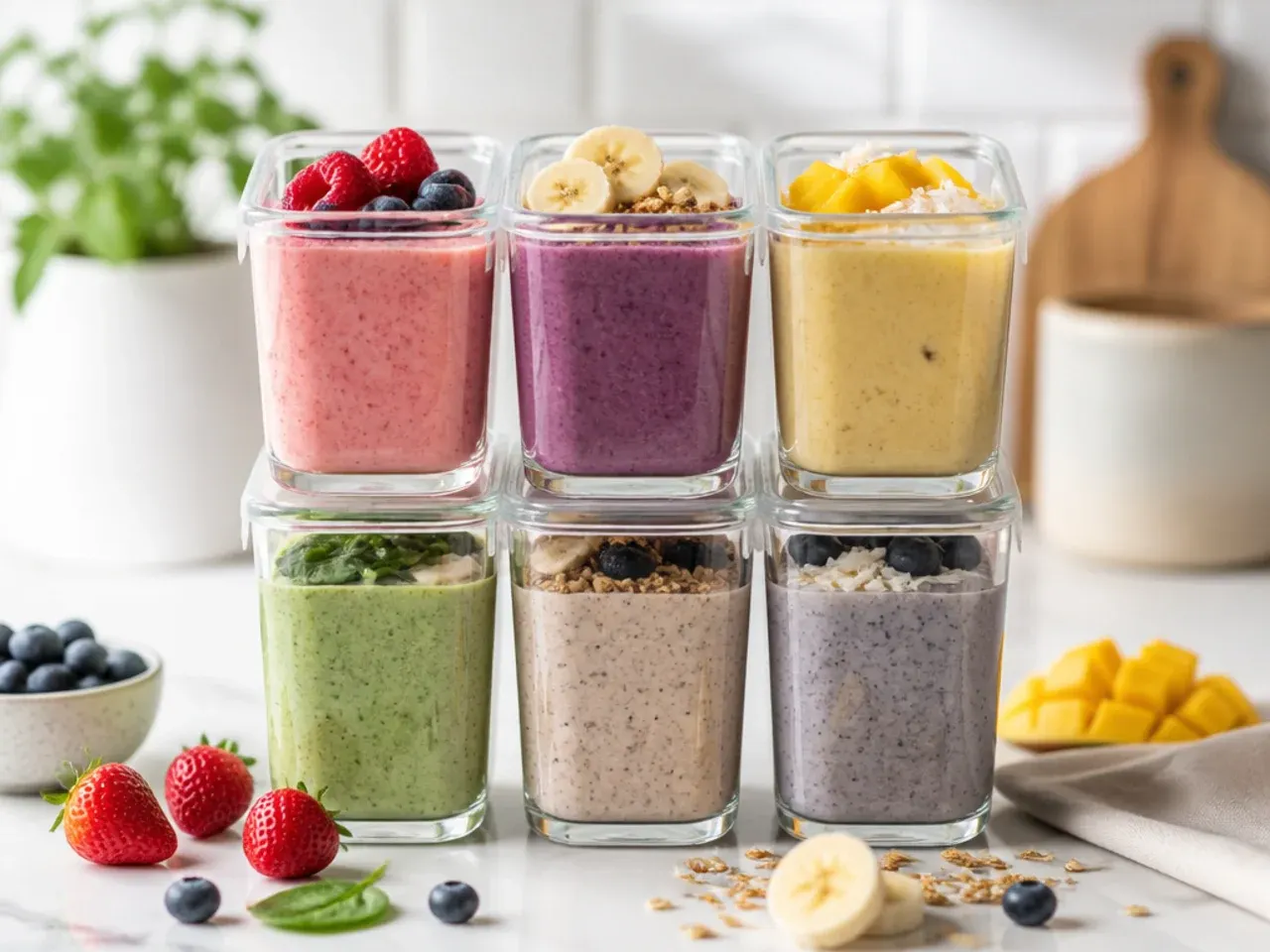 Labelled mason jar of stored protein smoothie in the fridge next to frozen smoothie packs