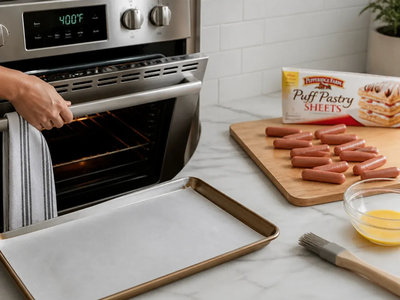 puff pastry pigs in a blanket — step 1: preheat and prep