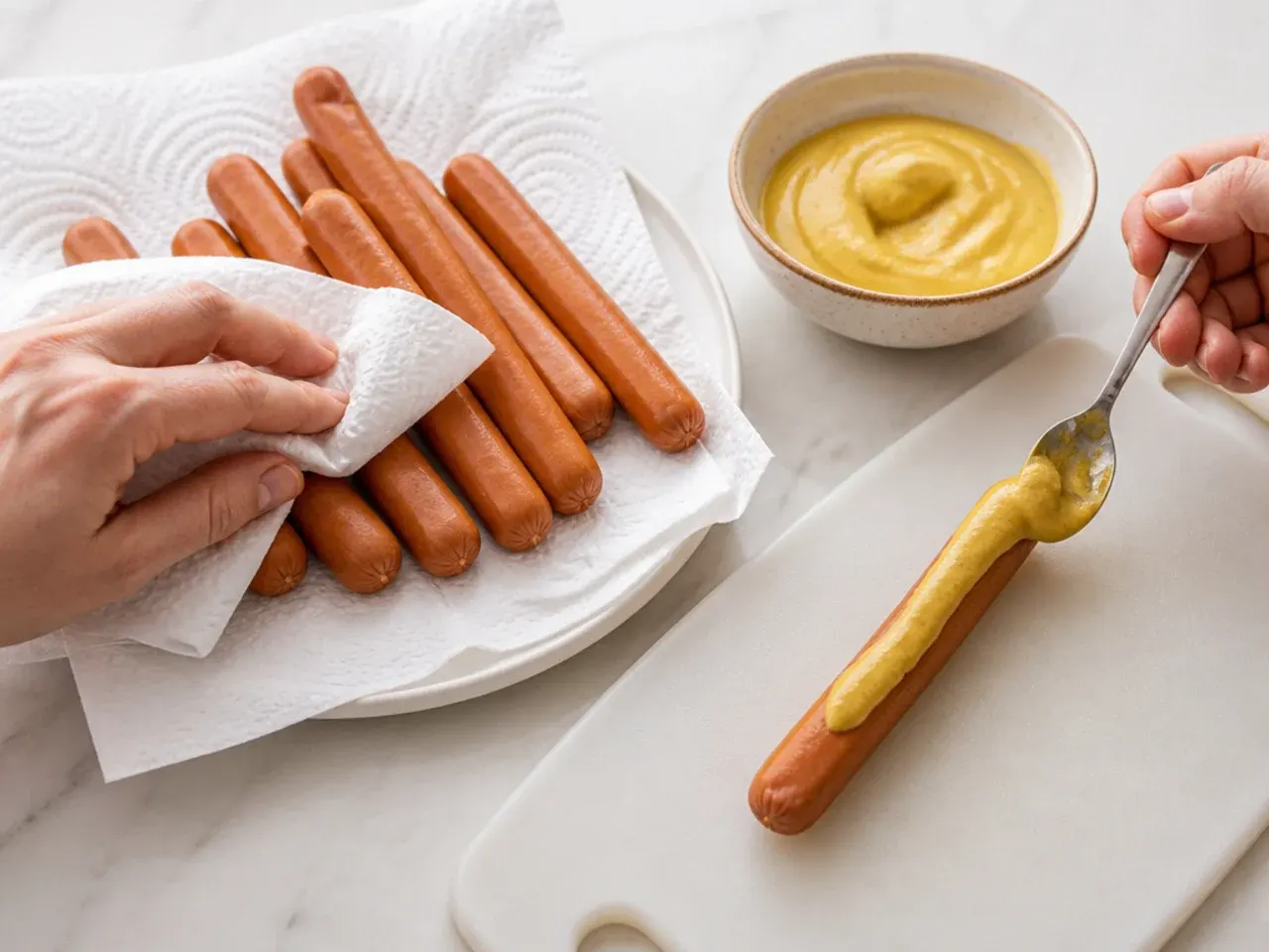 puff pastry pigs in a blanket — step 3: dry the sausages and add mustard