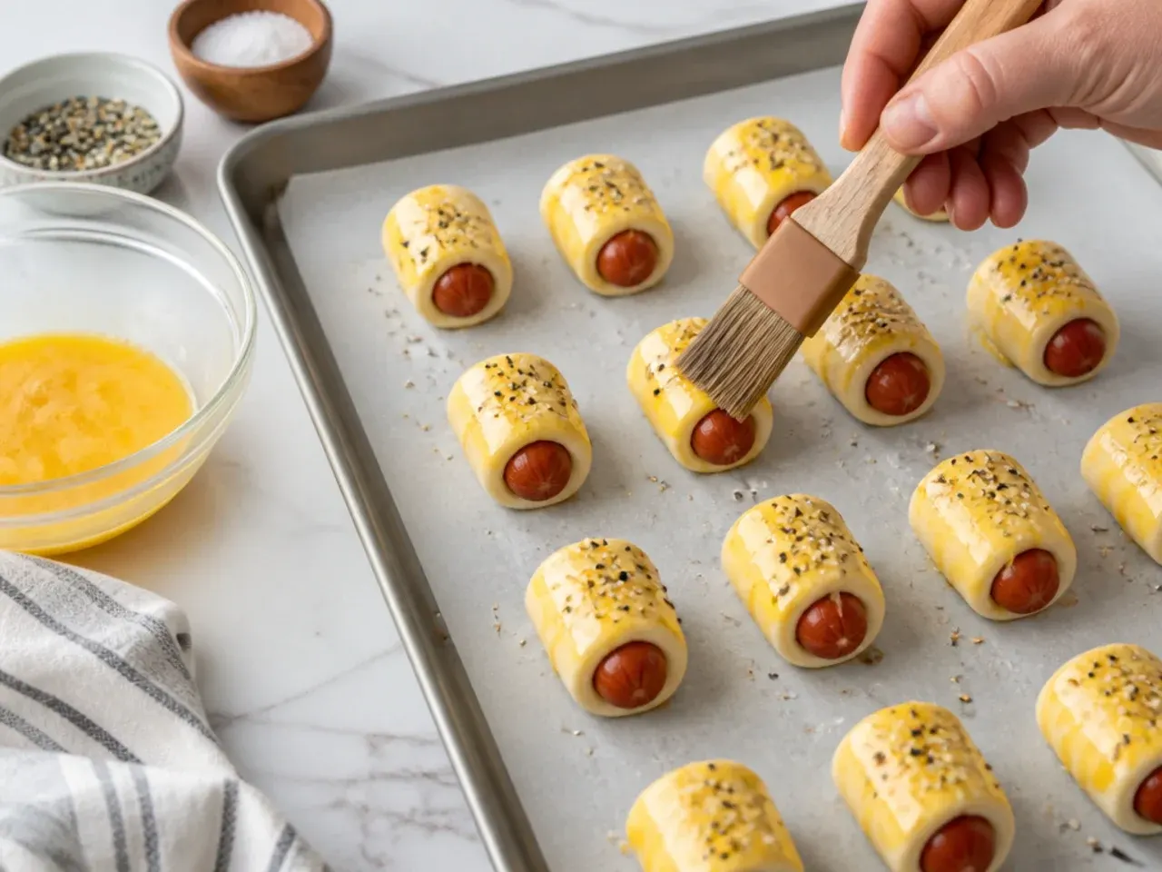 puff pastry pigs in a blanket — step 6: egg wash and season