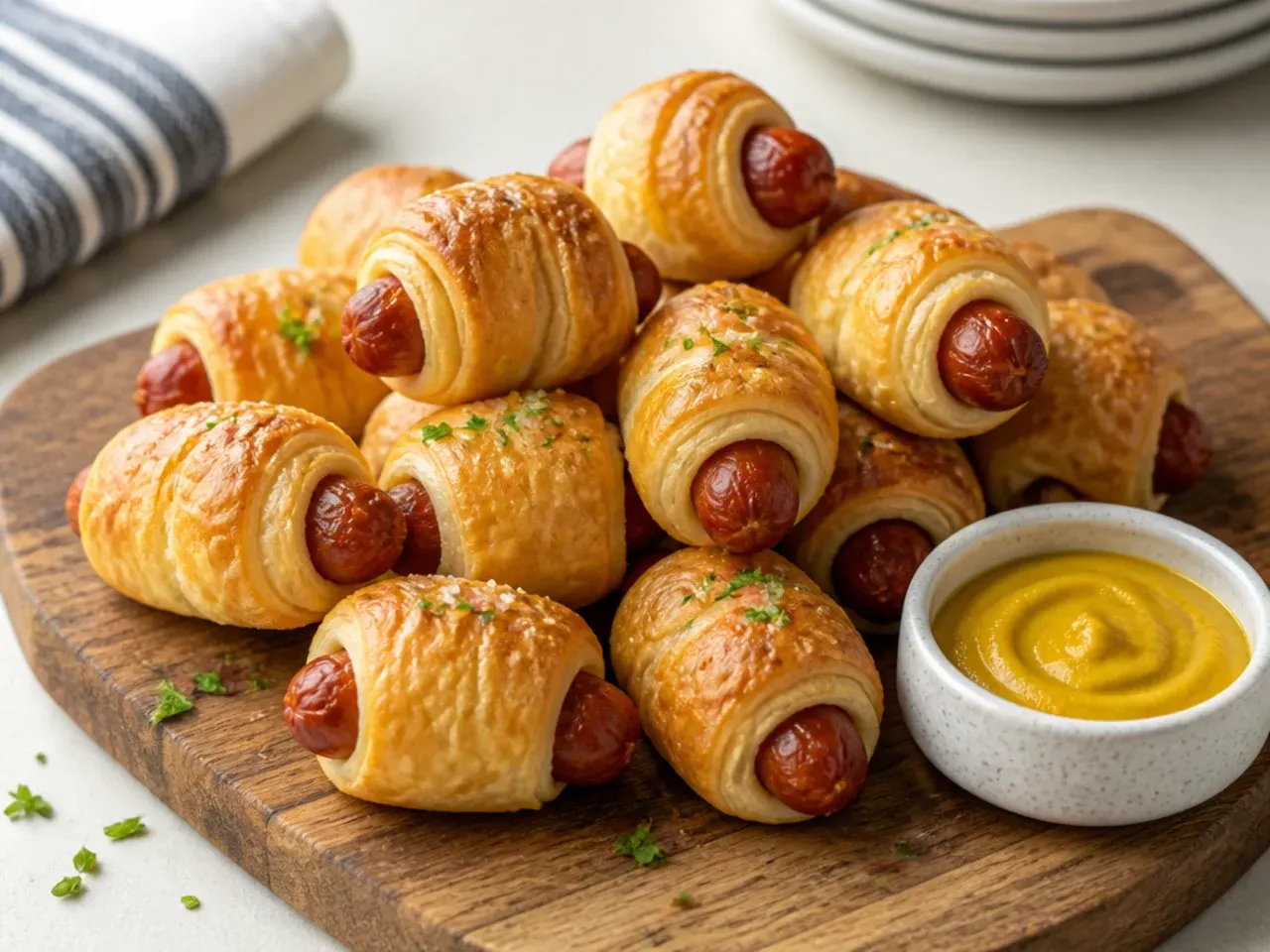 Golden puff pastry pigs in a blanket piled on a serving board with mustard dip