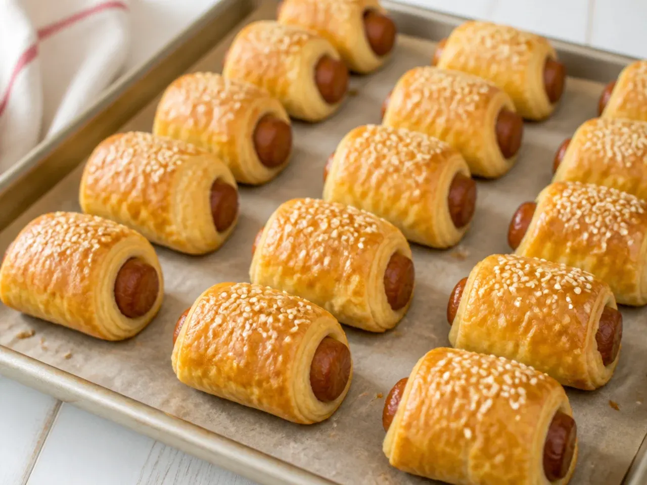 Classic puff pastry pigs in a blanket topped with sesame seeds on a baking tray