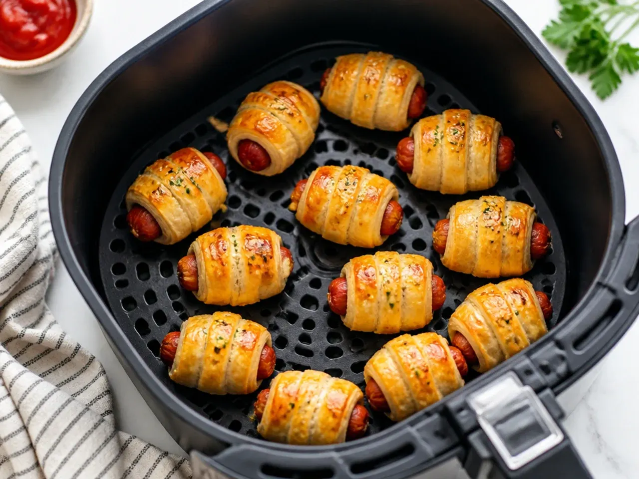 Air fryer puff pastry pigs in a blanket in a single layer inside the basket