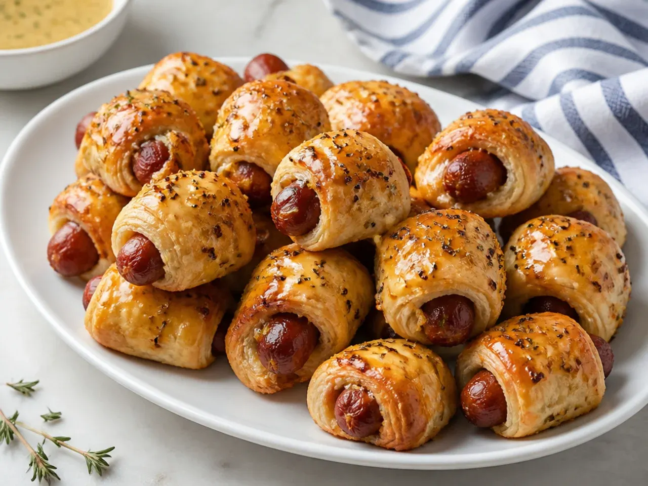 Honey mustard glazed pigs in a blanket made with puff pastry on a platter