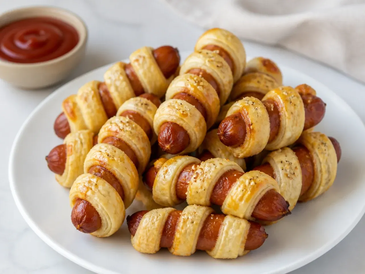 Spiral wrapped puff pastry pigs in a blanket showing striped pastry twists