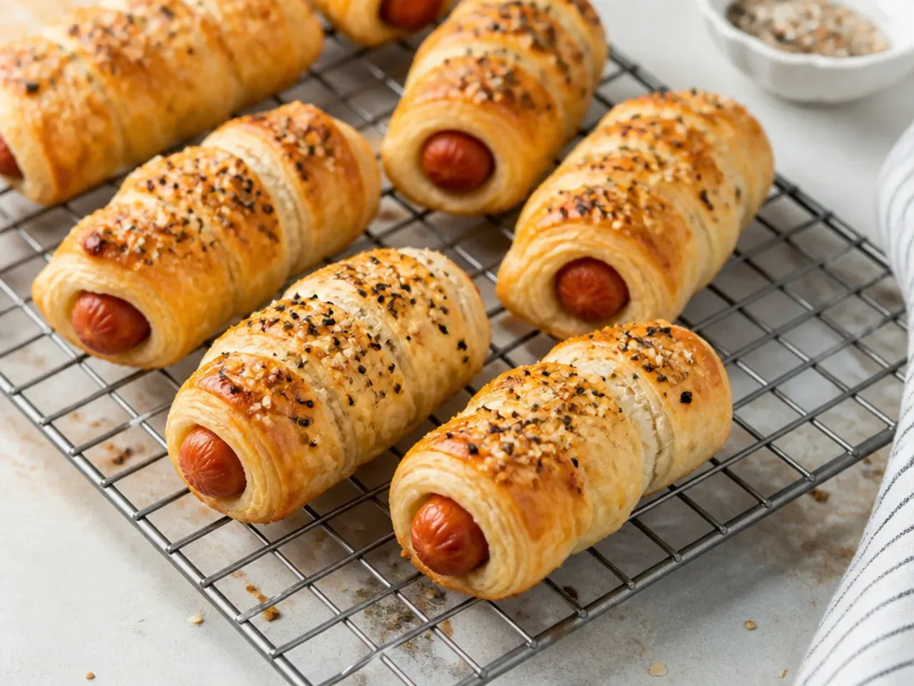 Everything bagel seasoned puff pastry pigs in a blanket cooling on a wire rack
