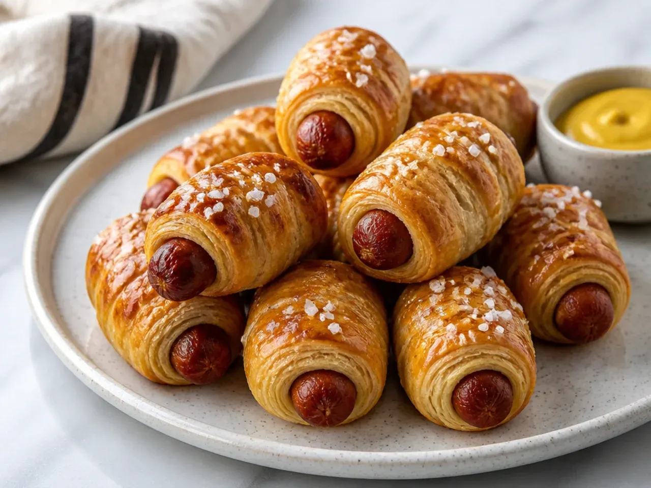 Pretzel style pigs in a blanket with puff pastry and coarse salt topping