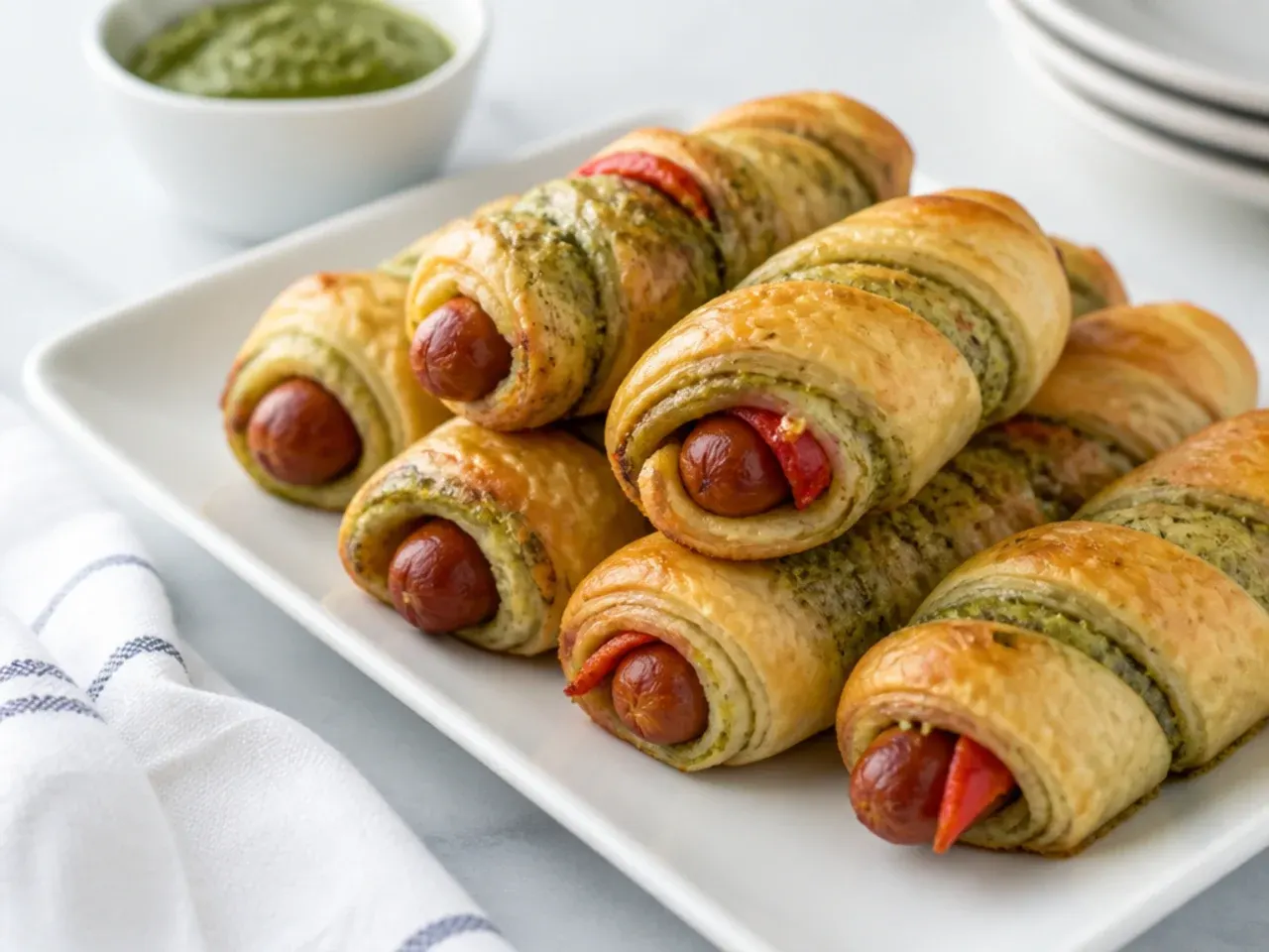 Pesto swirl puff pastry pigs in a blanket with red and green filling visible