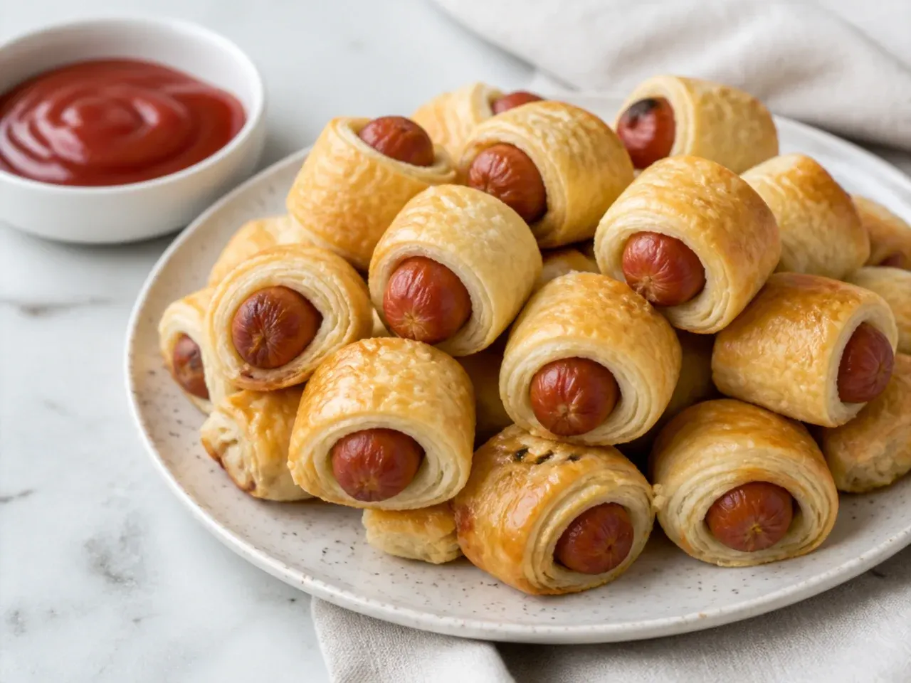 Plain golden puff pastry pigs in a blanket served with a bowl of ketchup