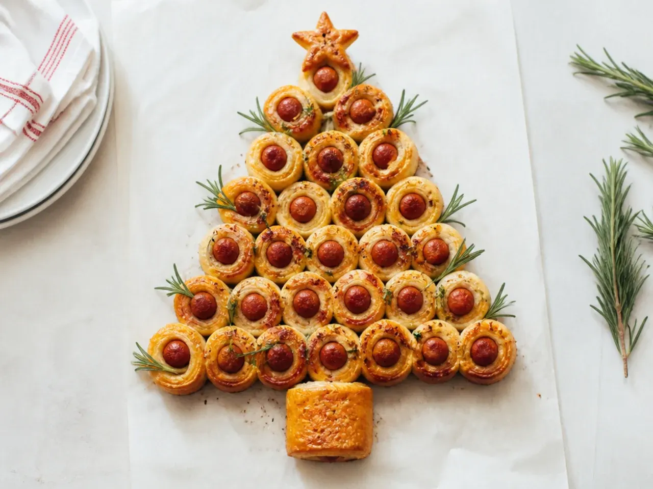 Christmas tree shaped pull apart puff pastry pigs in a blanket with rosemary garnish