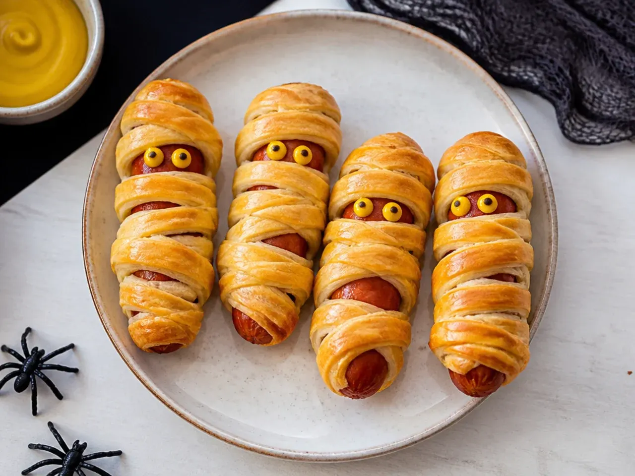 Halloween mummy dogs made from puff pastry pigs in a blanket with mustard eyes