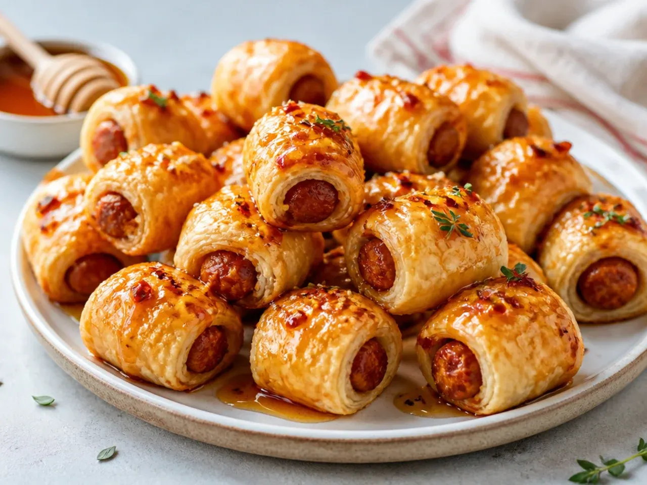 Hot honey drizzled chorizo pigs in a blanket in flaky puff pastry