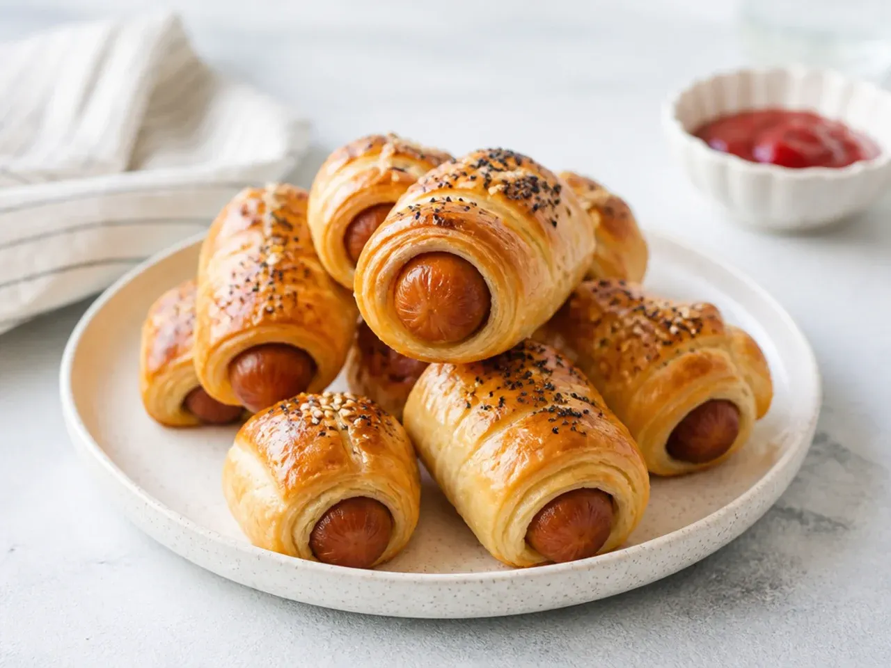 Vegetarian puff pastry pigs in a blanket made with plant based sausages