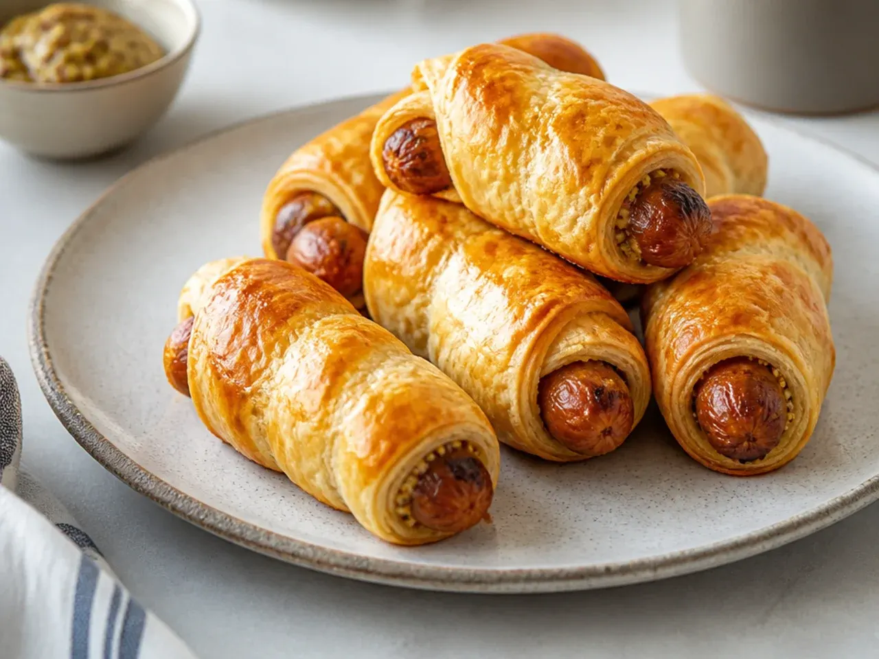 Traditional English mustard pigs in a blanket wrapped in golden puff pastry