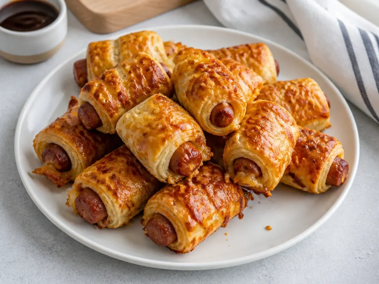 Cheese and Marmite puff pastry pigs in a blanket with crispy cheddar edges