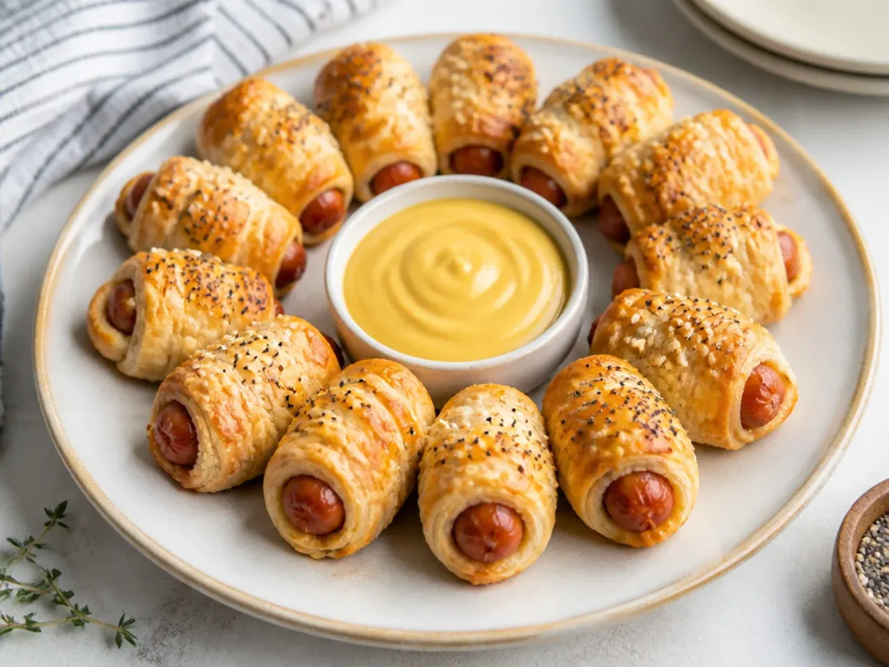 Puff pastry pigs in a blanket wreath arranged around a central bowl of dip
