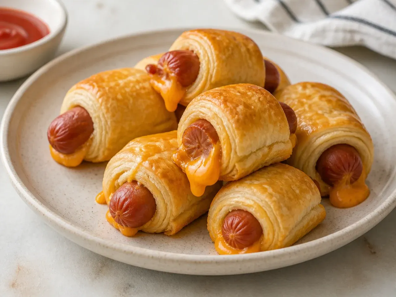 Cheddar stuffed pigs in a blanket in puff pastry with melted cheese showing