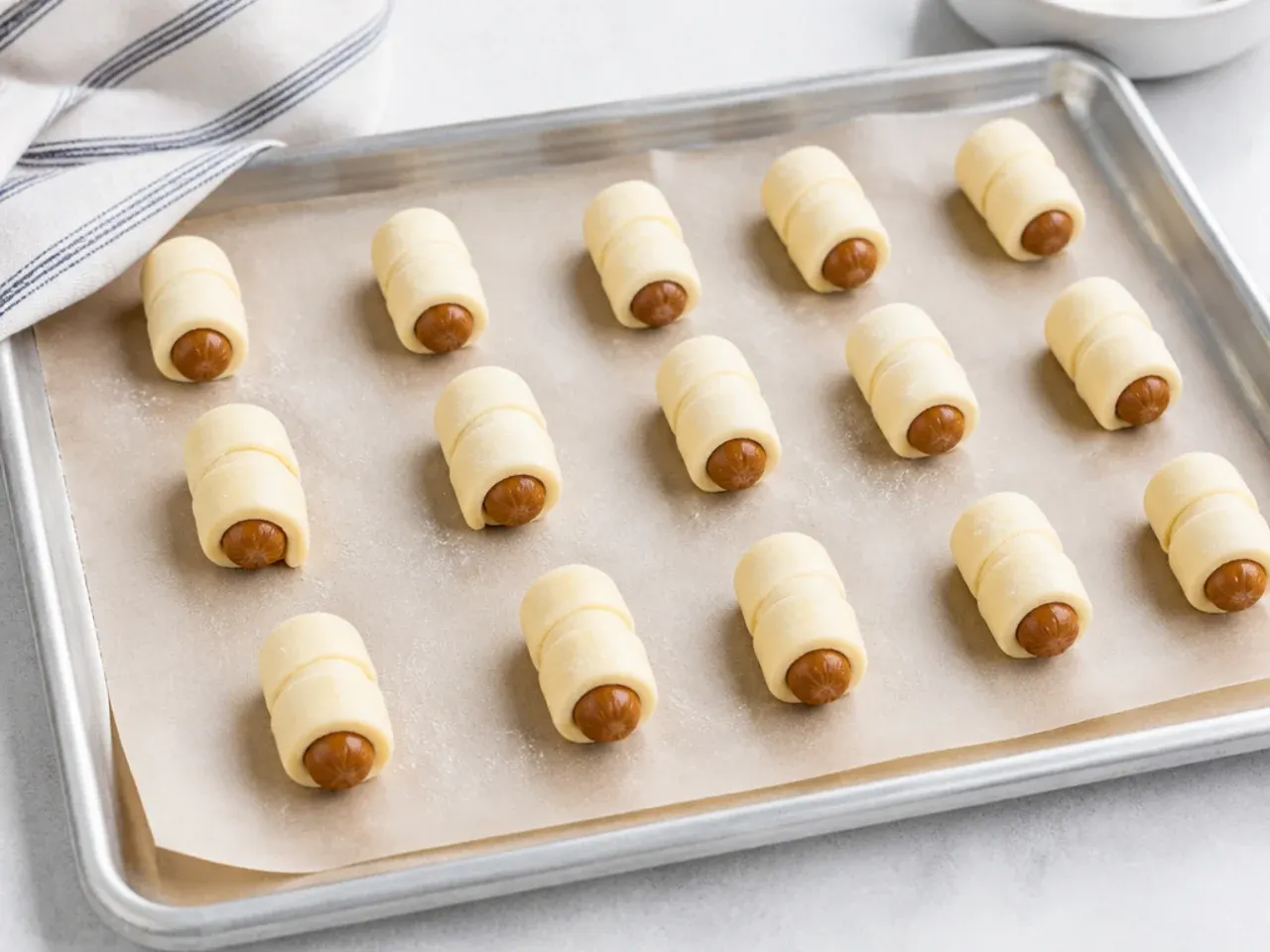 Frozen unbaked puff pastry pigs in a blanket on a tray ready for the freezer