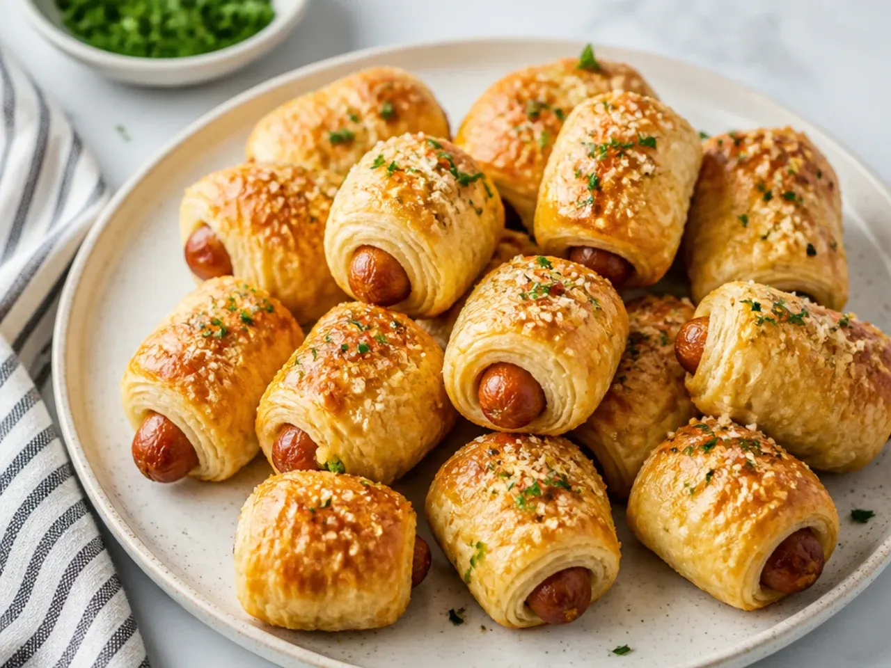 Garlic butter parmesan pigs in a blanket made with flaky puff pastry
