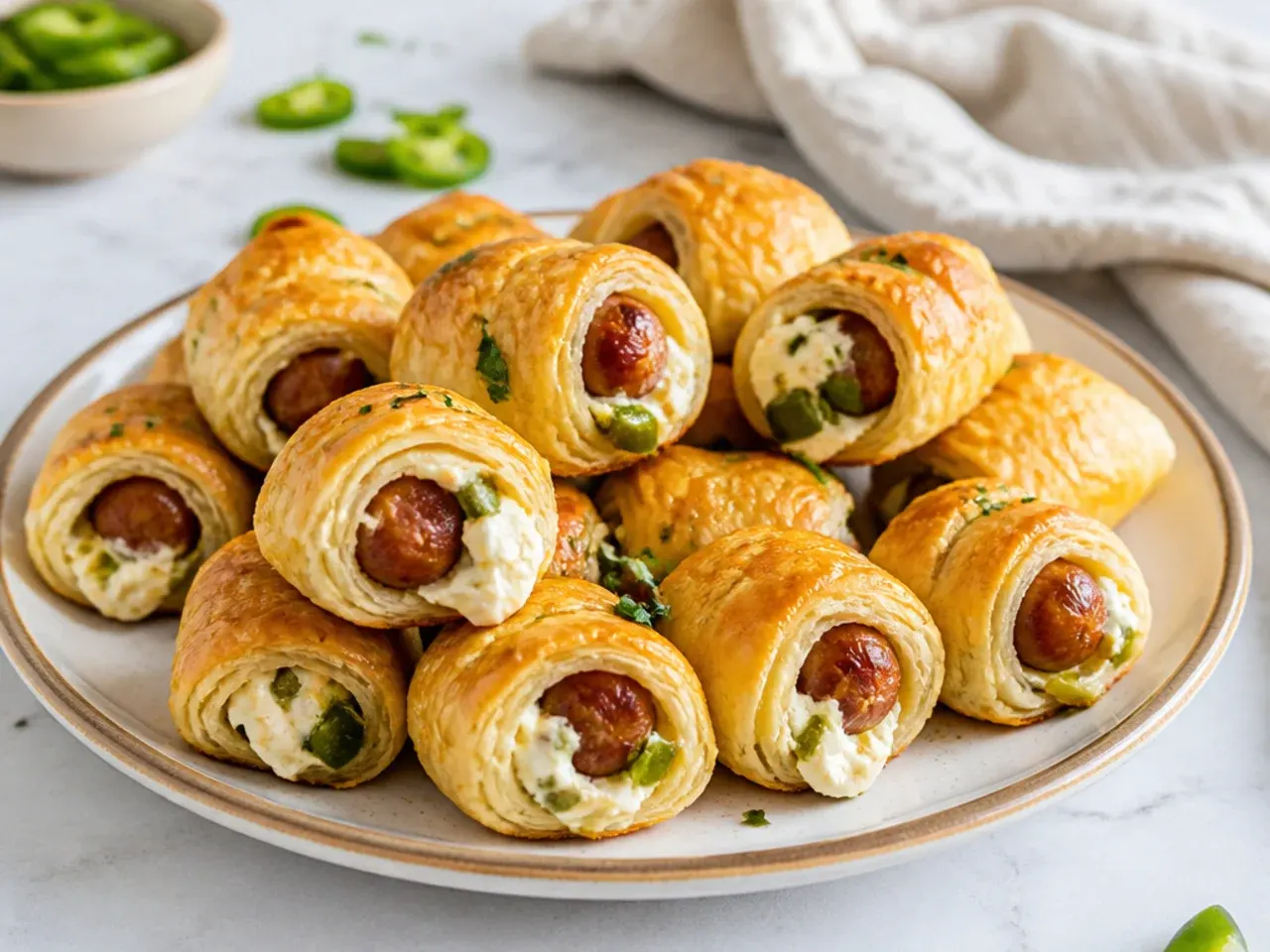 Jalapeno popper style puff pastry pigs in a blanket with cream cheese filling