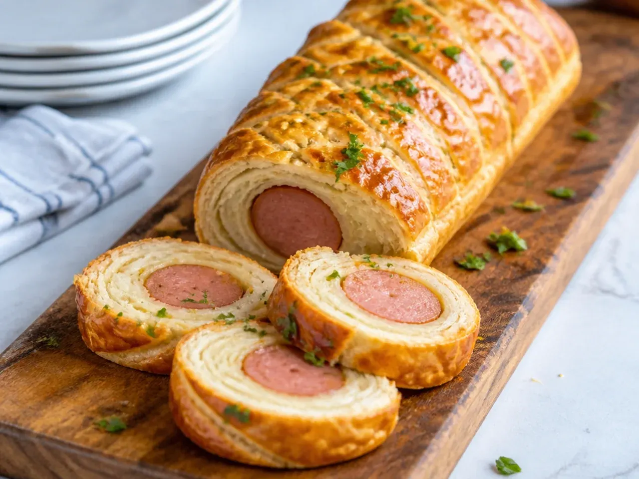 Giant sharing pigs in a blanket with puff pastry sliced into rounds on a board