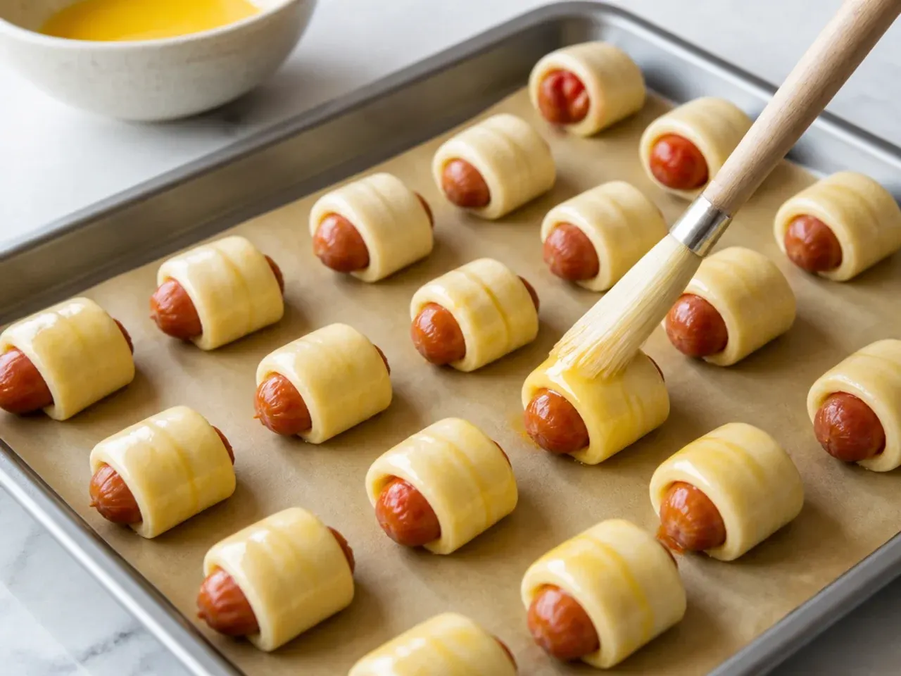 Puff pastry pigs in a blanket being brushed with egg wash before baking