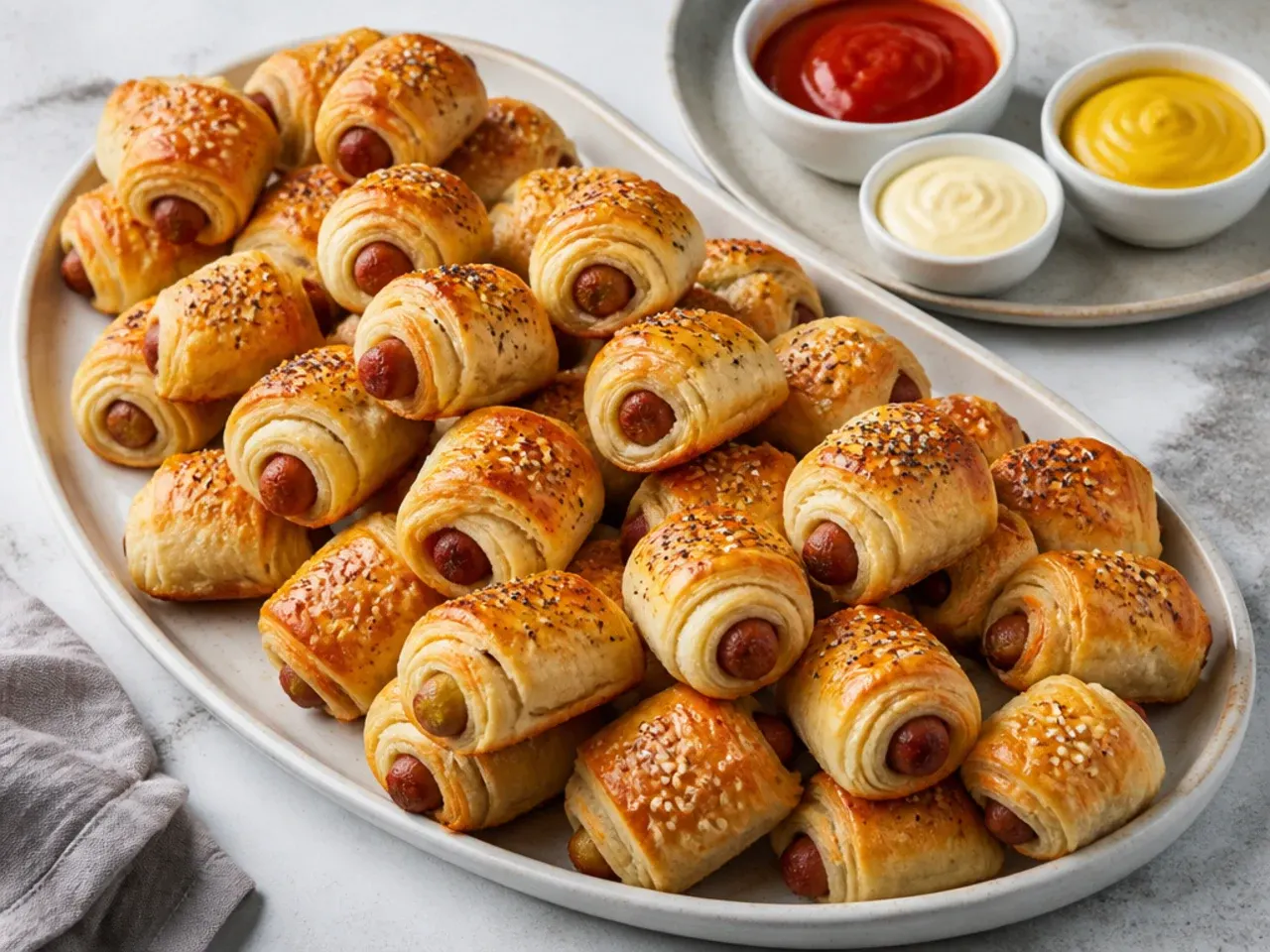 Party platter of pigs in a blanket in puff pastry with three dipping sauces