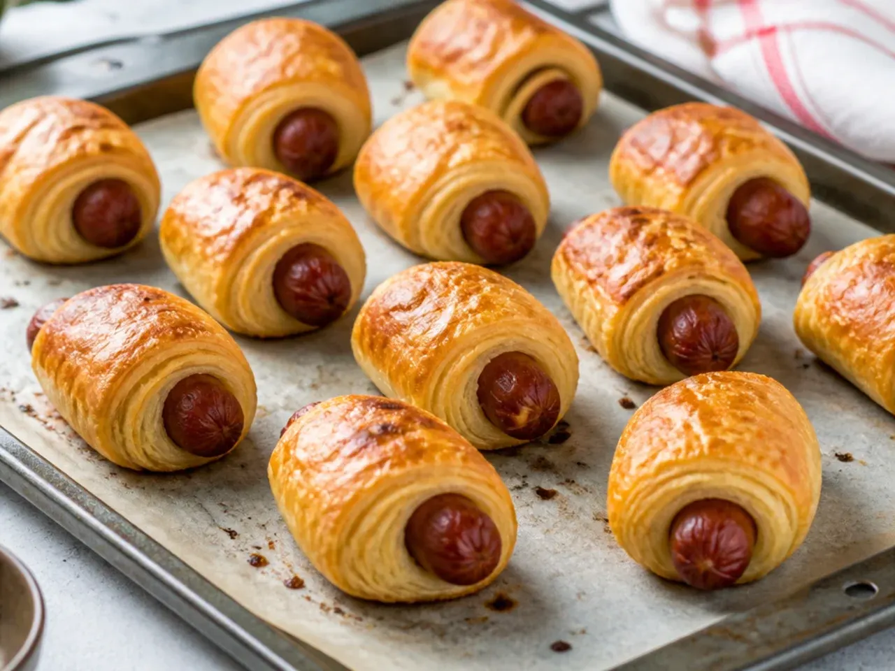 Reheated puff pastry pigs in a blanket crisping on a baking tray