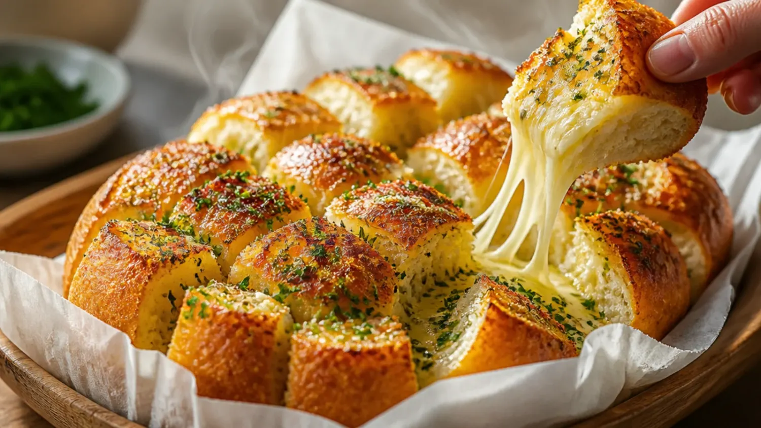 A golden crusty round loaf of pull apart garlic bread, cross-hatch cut and stuffed with melted mozzarella, cooling on a wooden board