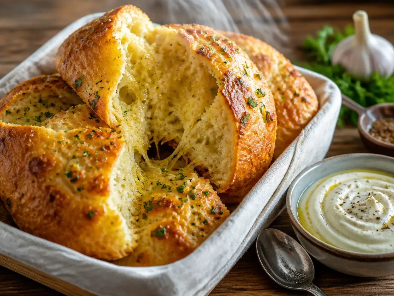 Softened butter being spread into the cuts of a garlic bread loaf with a butter knife