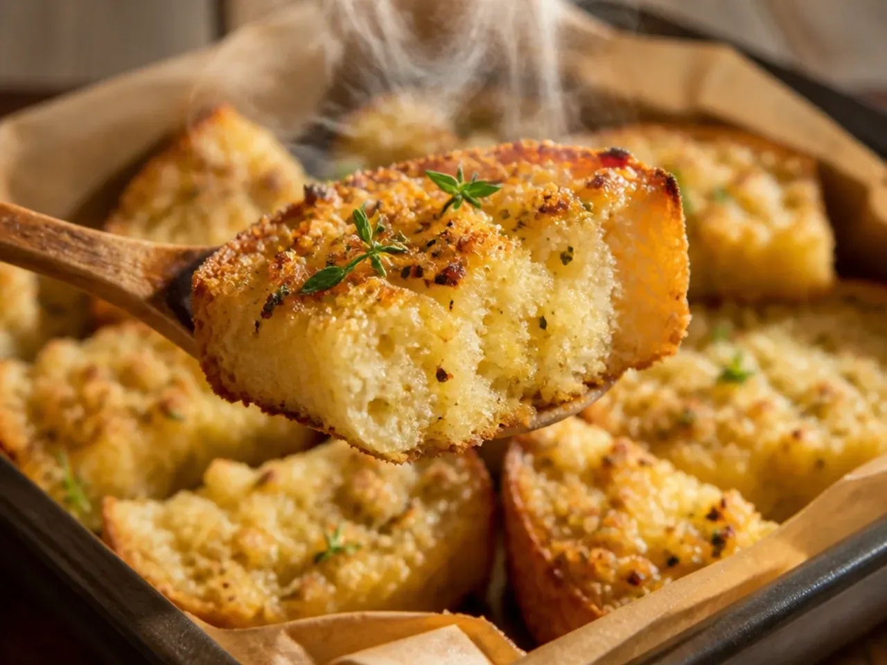 Close-up of a knife cutting deep diamond-shaped scores into a garlic bread loaf