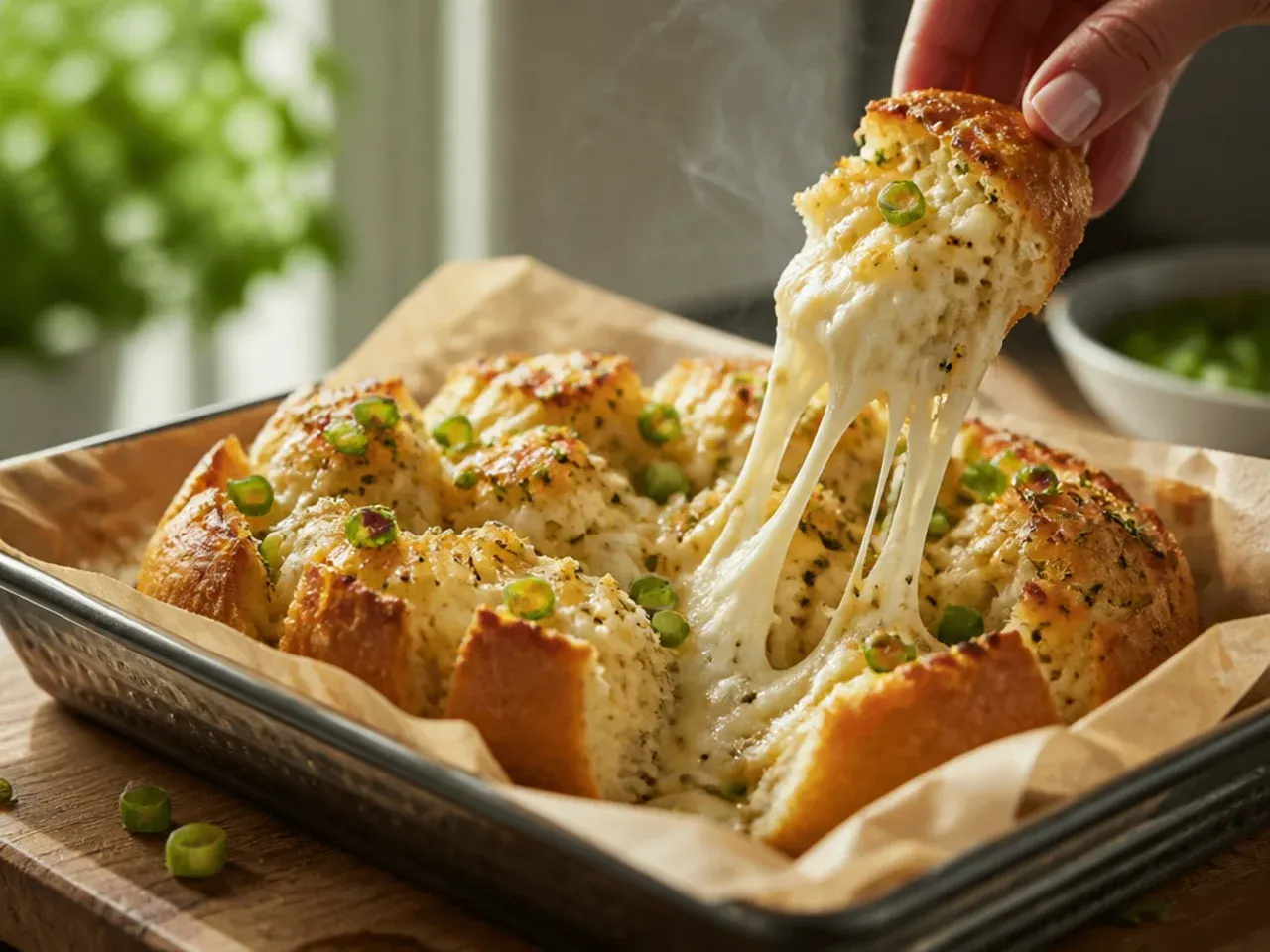 Unwrapped golden garlic bread loaf finishing its bake uncovered on a tray