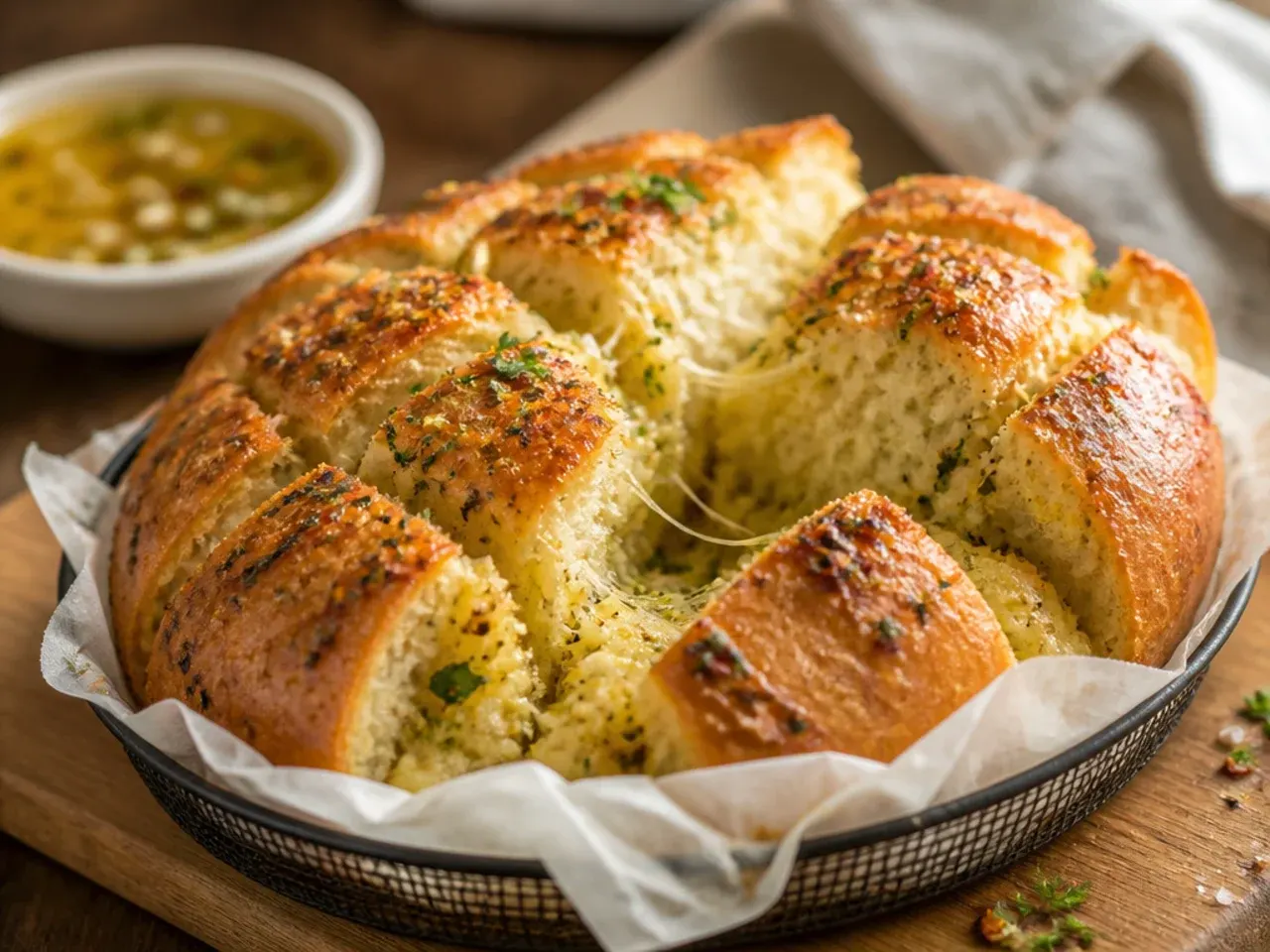 A small pinch of sea salt being added to a bowl of garlic butter