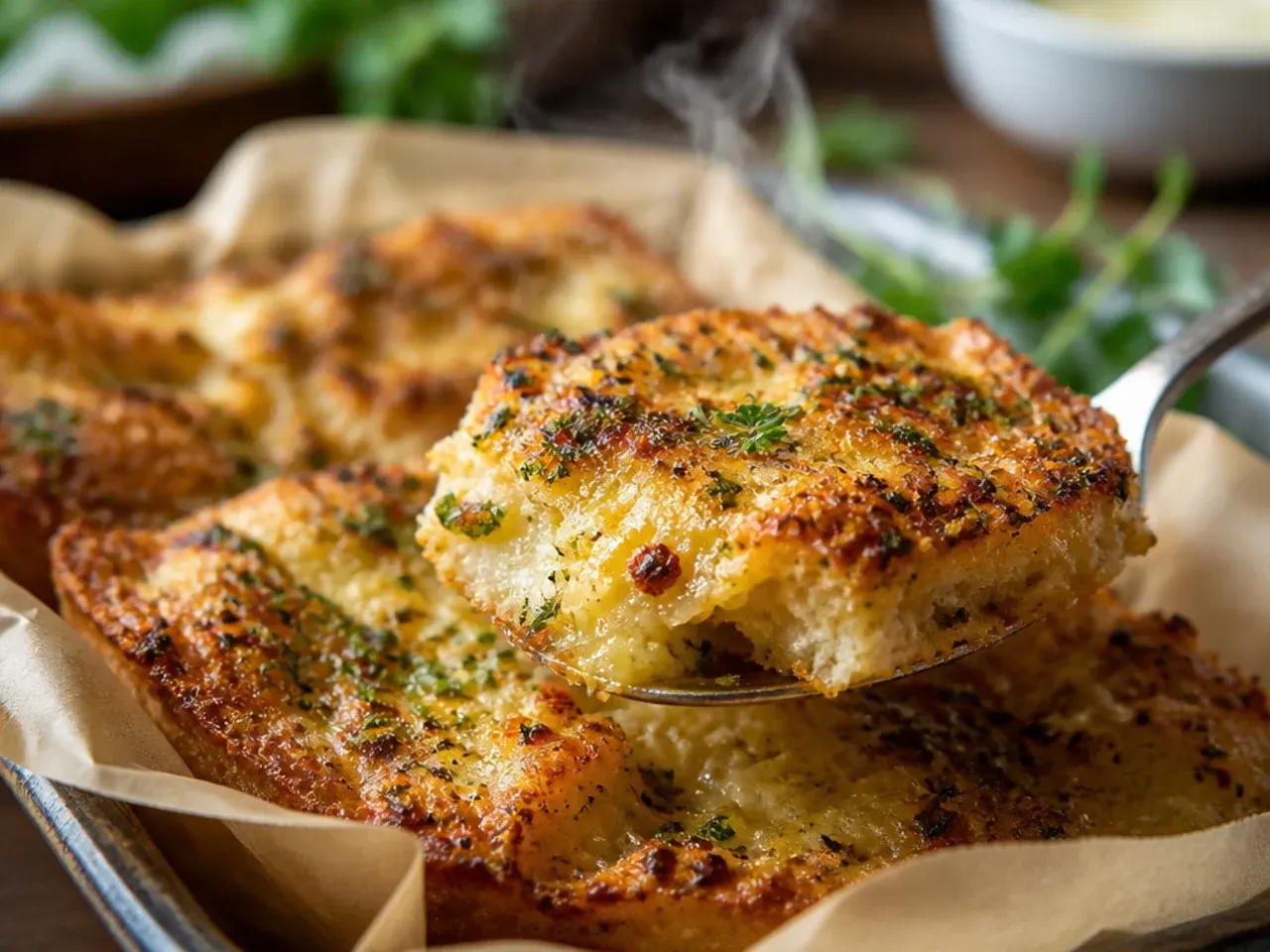 Fresh chopped parsley being scattered over a finished golden garlic bread loaf