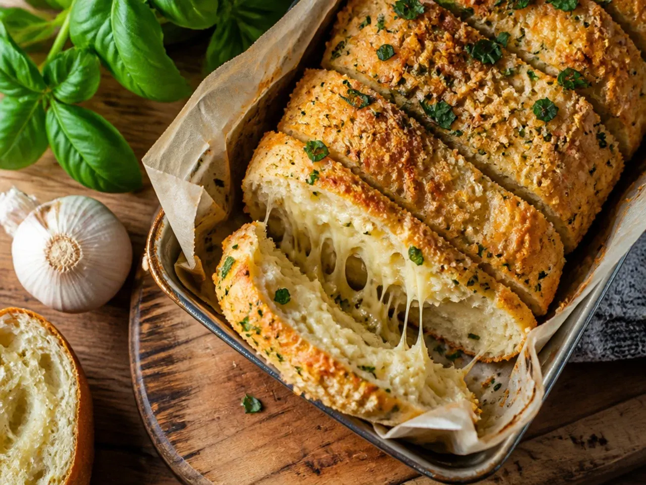 A pull apart garlic bread loaf resting on a wooden board before serving