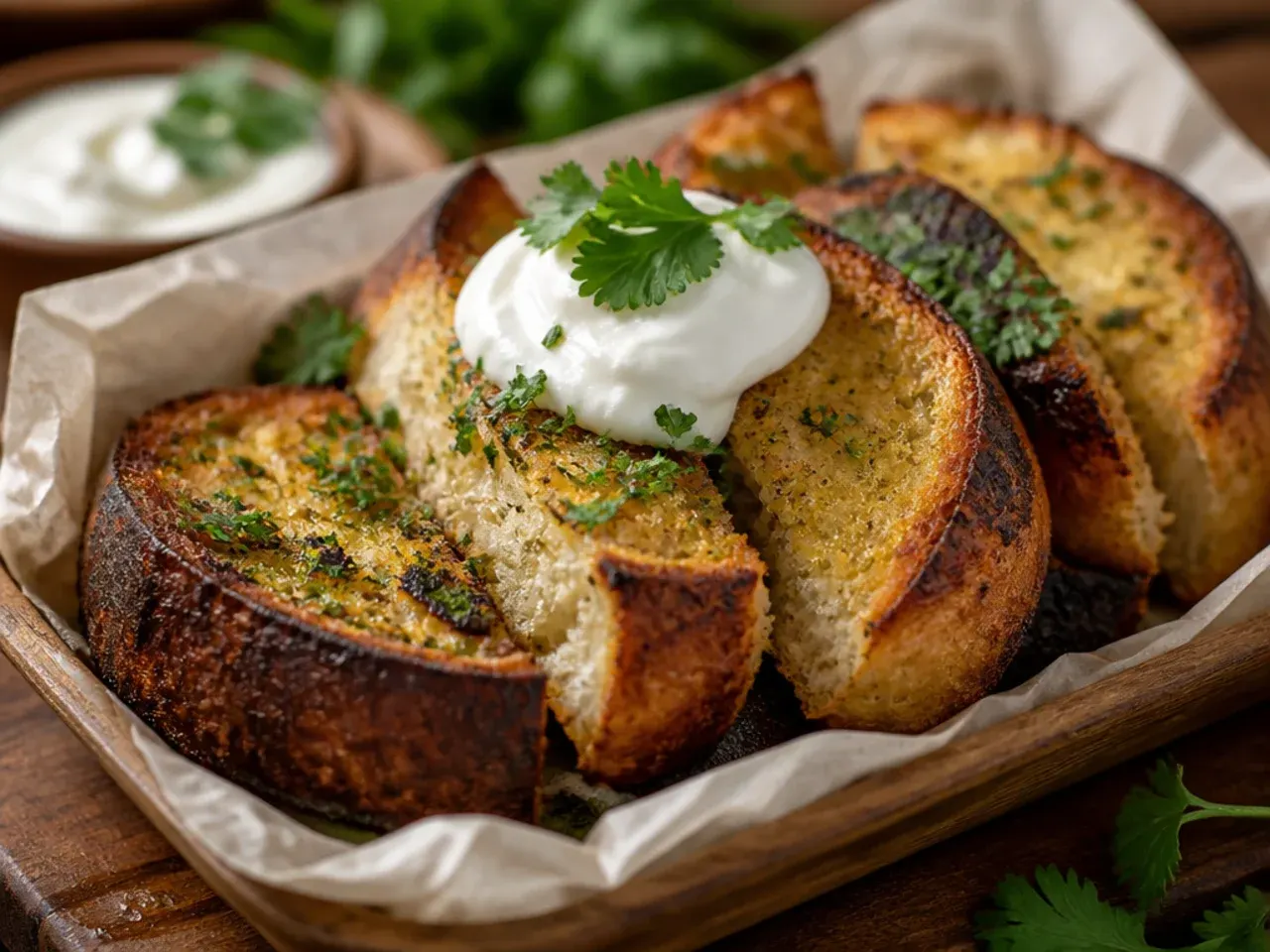An oven thermometer showing 190 degrees Celsius with a garlic bread loaf on the rack behind it