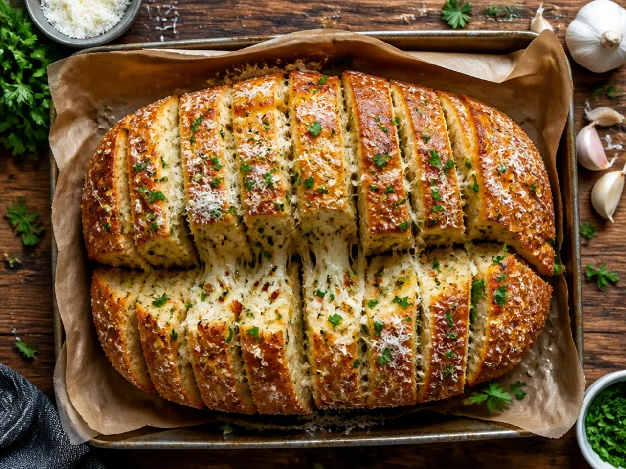 Two garlic bread loaves of different sizes side by side on a baking tray