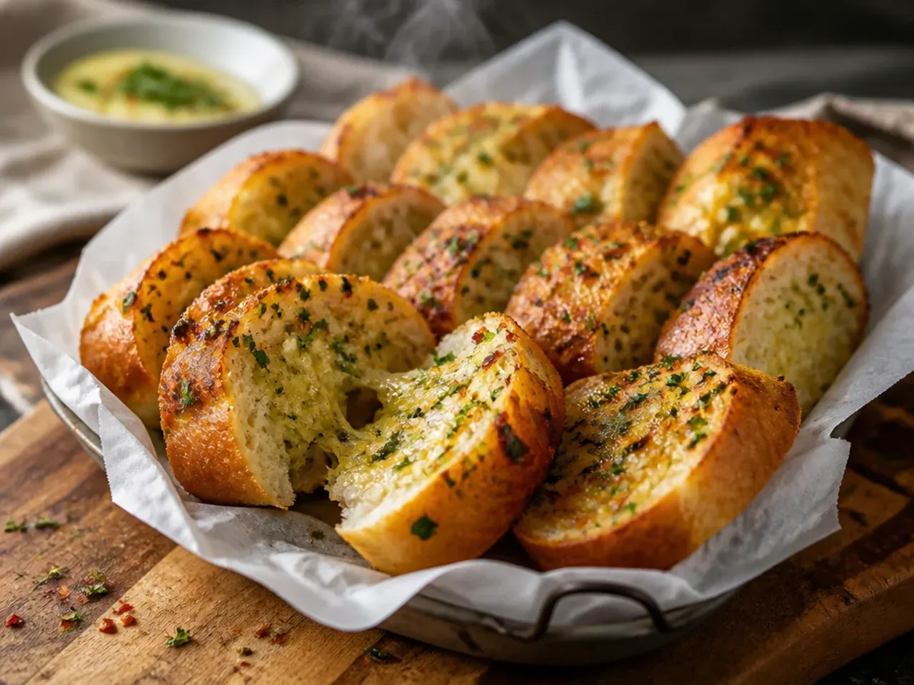 A garlic bread loaf on its own baking tray with clear space around it in the oven