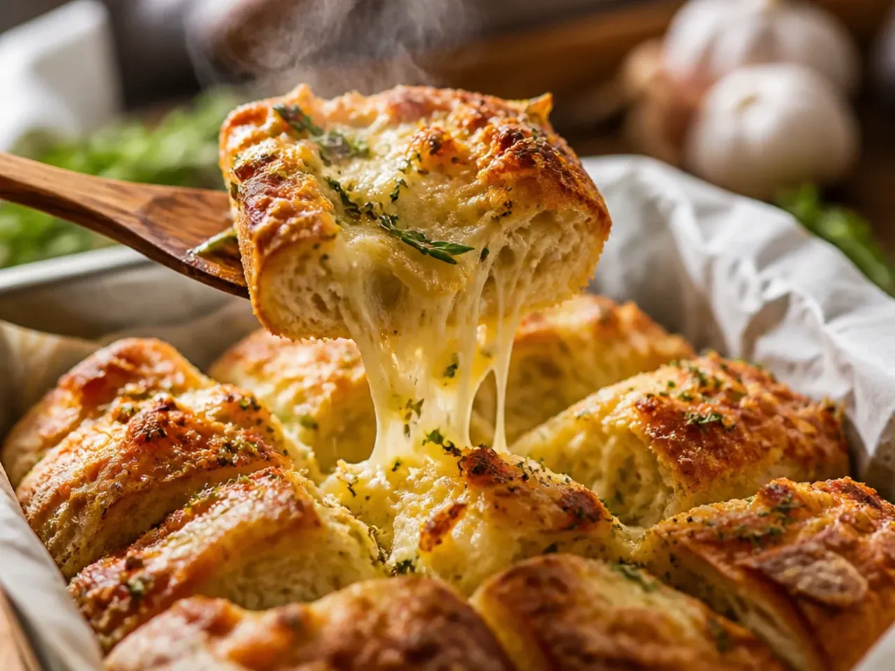 An unbaked, assembled garlic bread loaf wrapped in foil ready to refrigerate