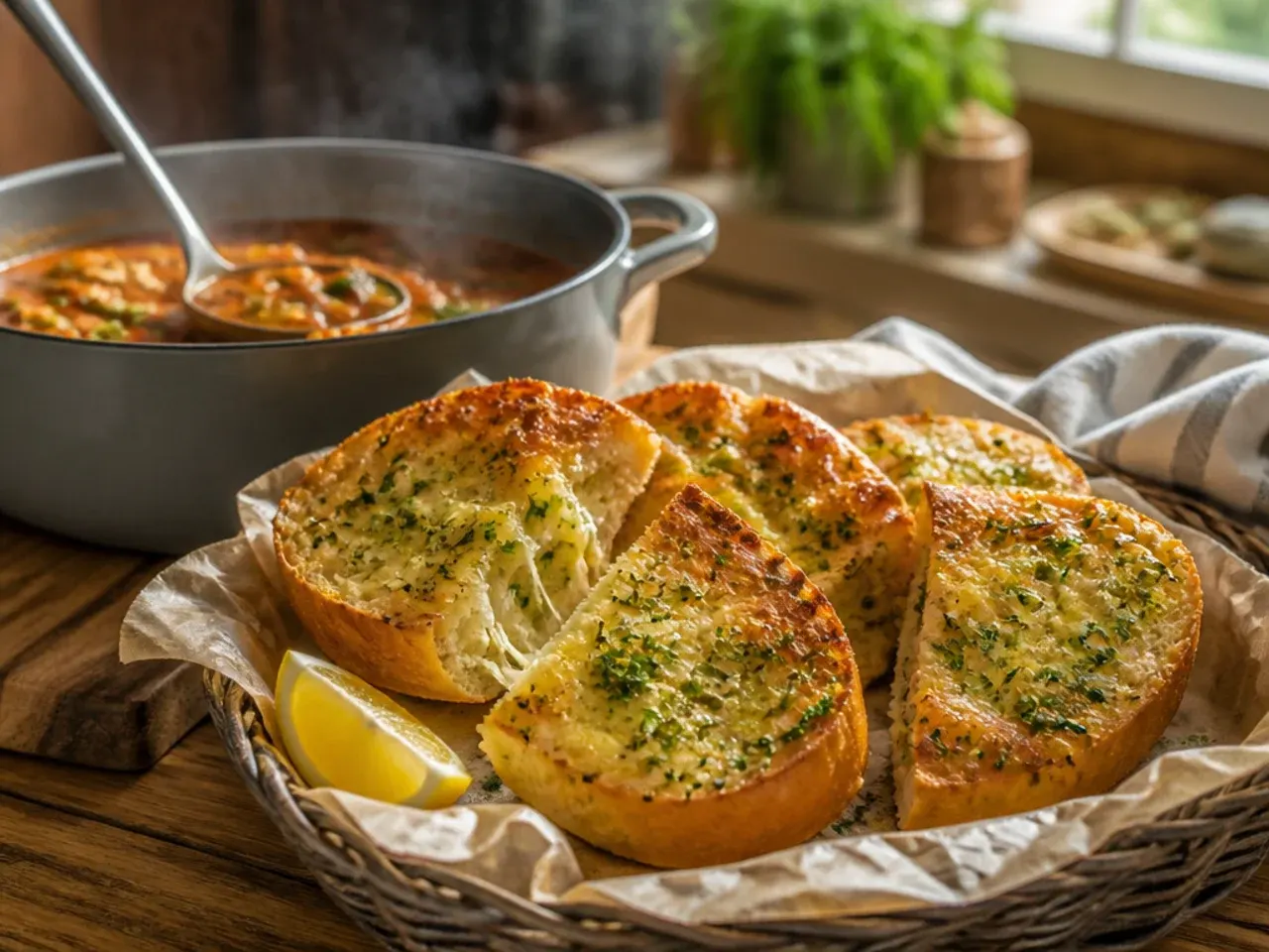 A garlic bread loaf tightly and evenly wrapped in foil with the ends tucked underneath