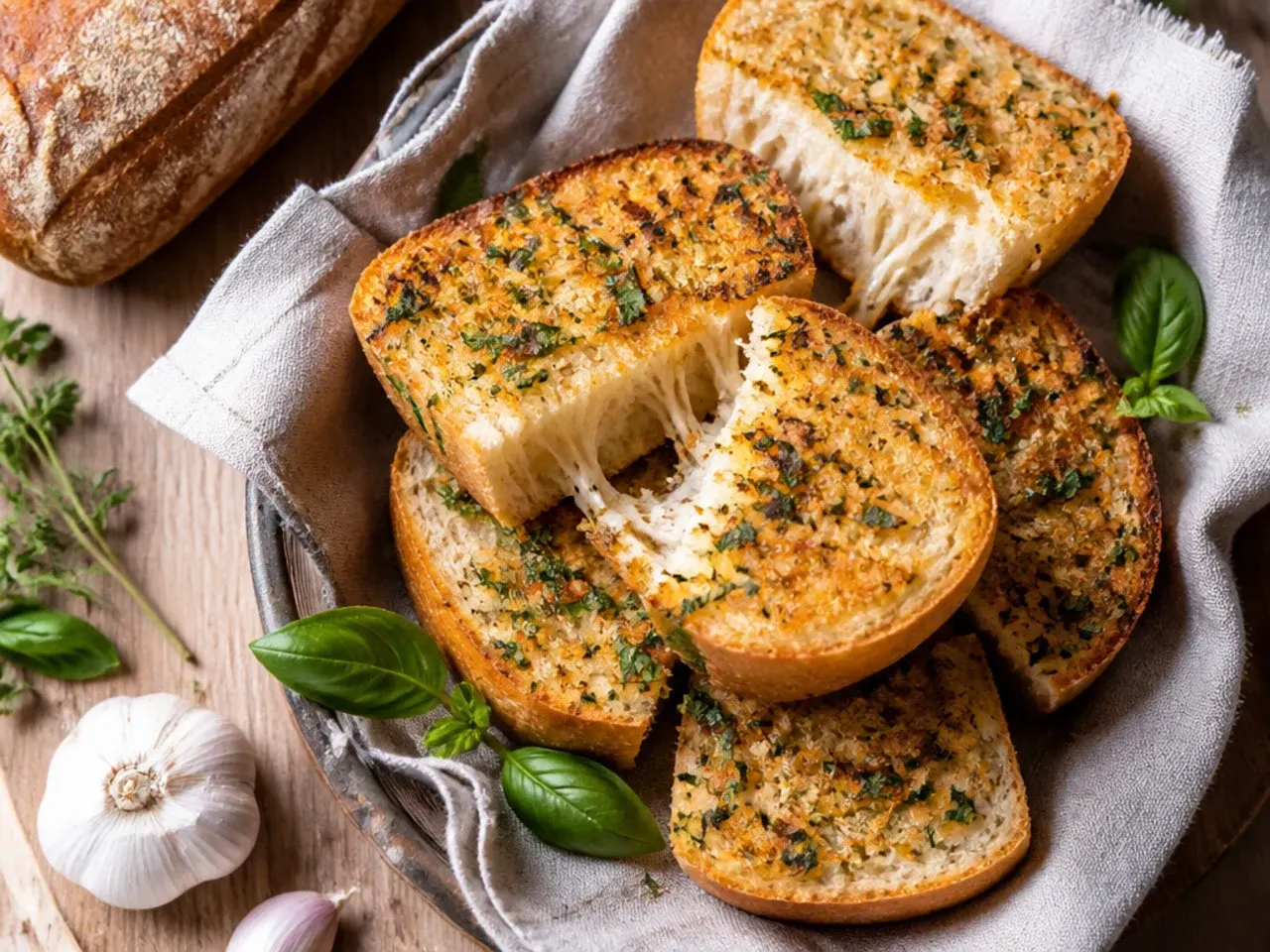Garlic butter being brushed over the outer crust of a whole loaf with a pastry brush