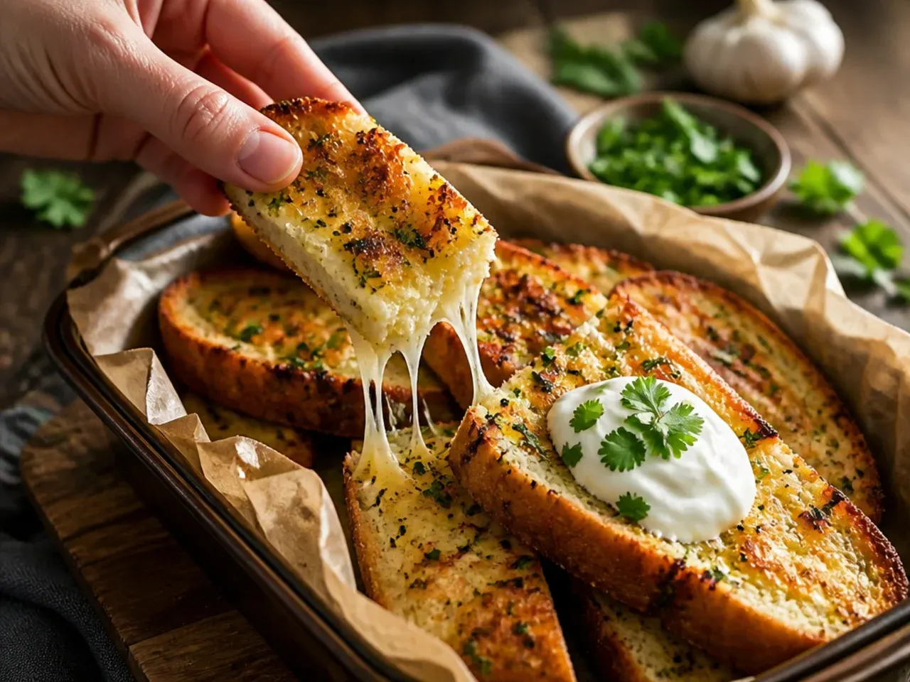 Foil peeled back to check melted cheese in the centre cuts of a garlic bread loaf