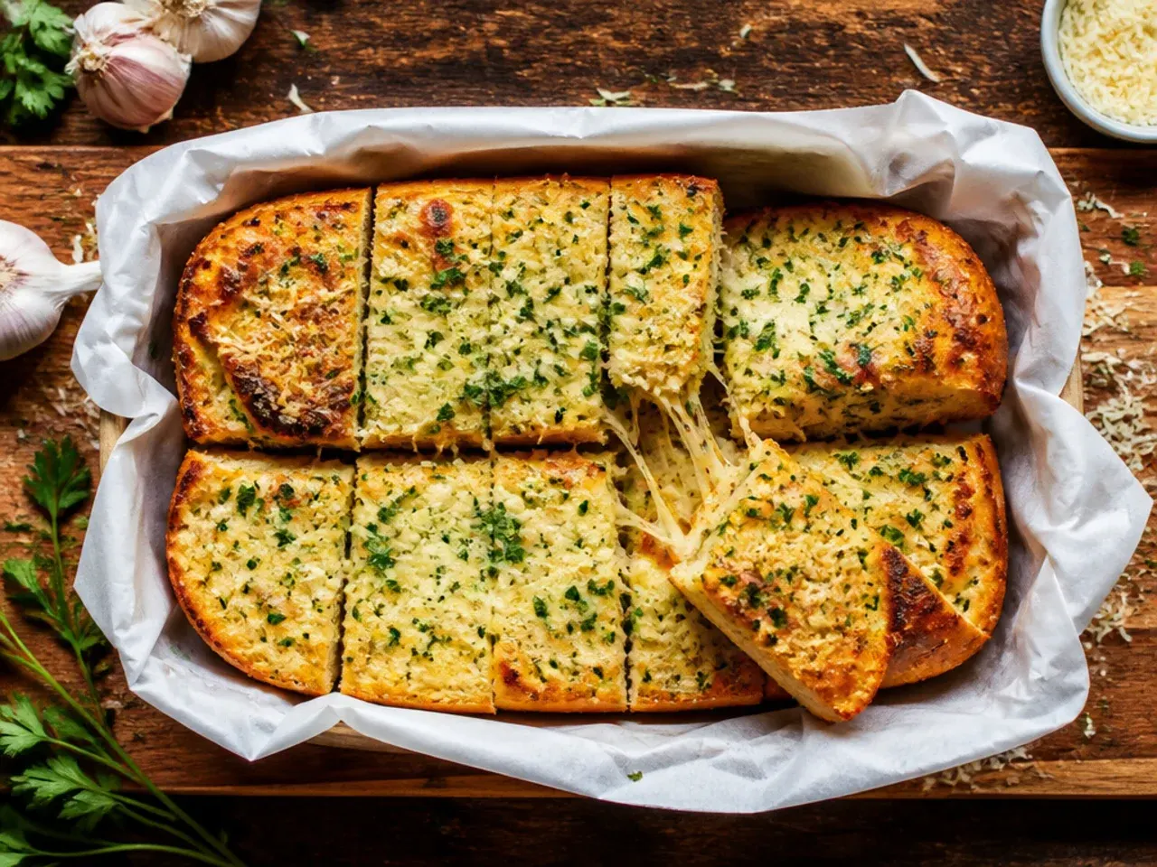 A garlic bread loaf sitting on a rimmed baking tray inside the oven