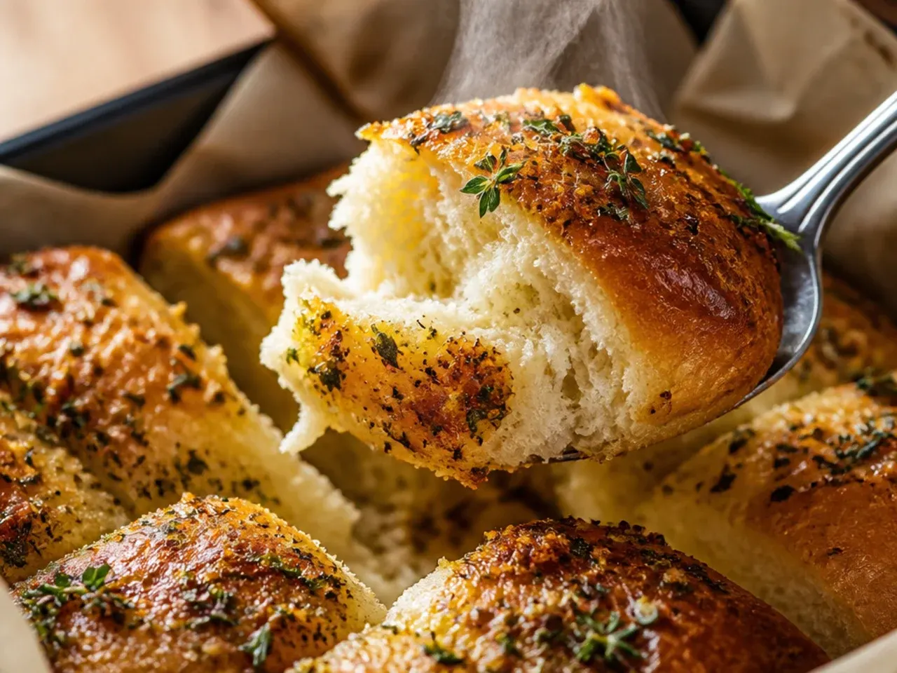 A butter knife pushing garlic butter down into both sides of a deep bread cut