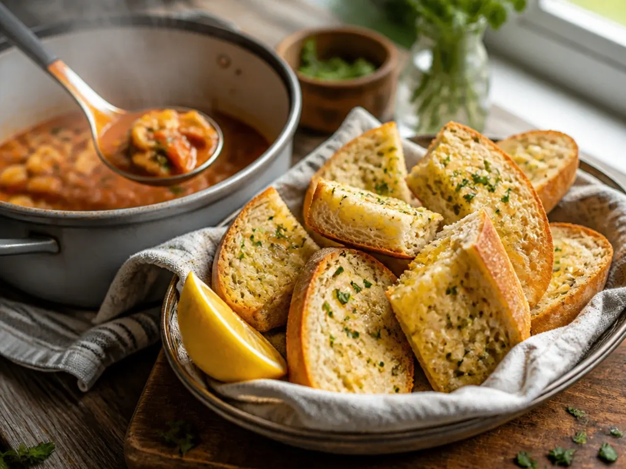 Leftover garlic bread pieces being reheated on a tray in the oven