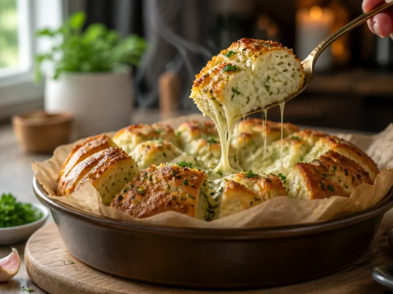 Hands pulling apart a warm, golden, cheesy garlic bread loaf on a wooden board